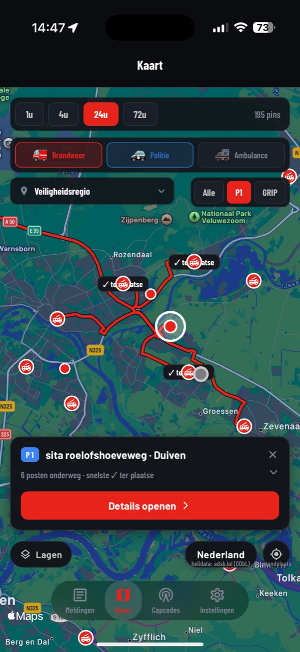 Kaartweergave van de app Alarmeringen P2000