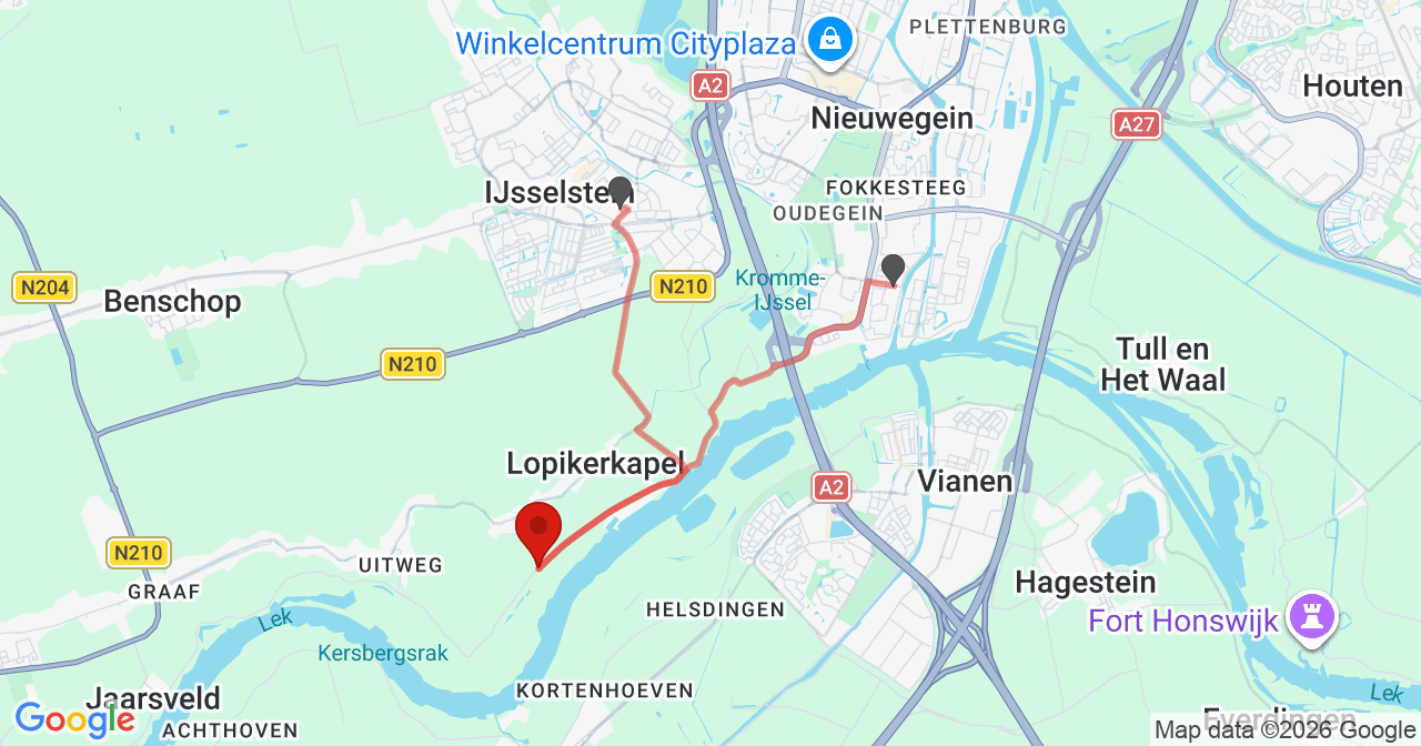 Kaart van het incident in Lopikerkapel met de aanrijroutes van de gealarmeerde eenheden