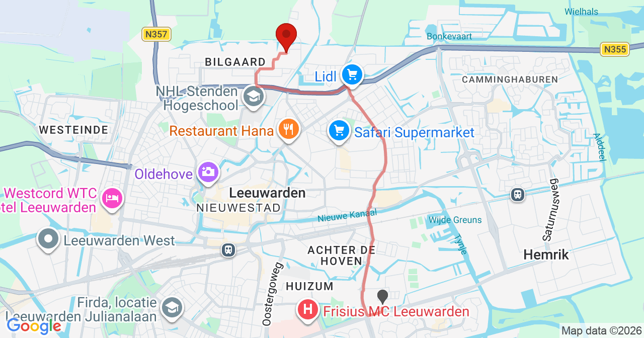 Kaart van het incident in Leeuwarden met de aanrijroutes van de gealarmeerde eenheden