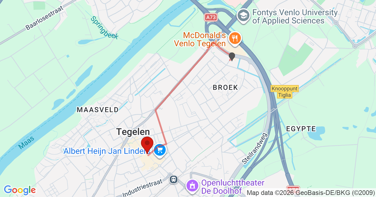 Kaart van het incident in Tegelen met berekende routes vanaf gealarmeerde posten