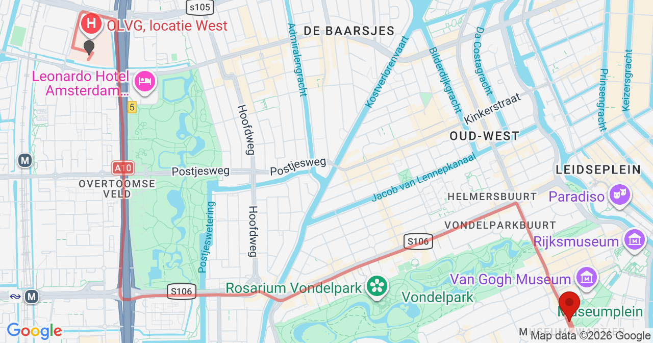 Kaart van het incident in Amsterdam met de aanrijroutes van de gealarmeerde eenheden