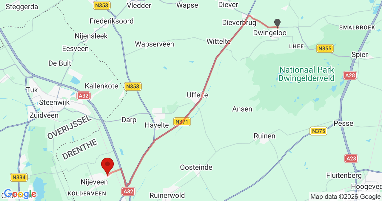 Kaart van het incident in Nijeveen met berekende routes vanaf gealarmeerde posten