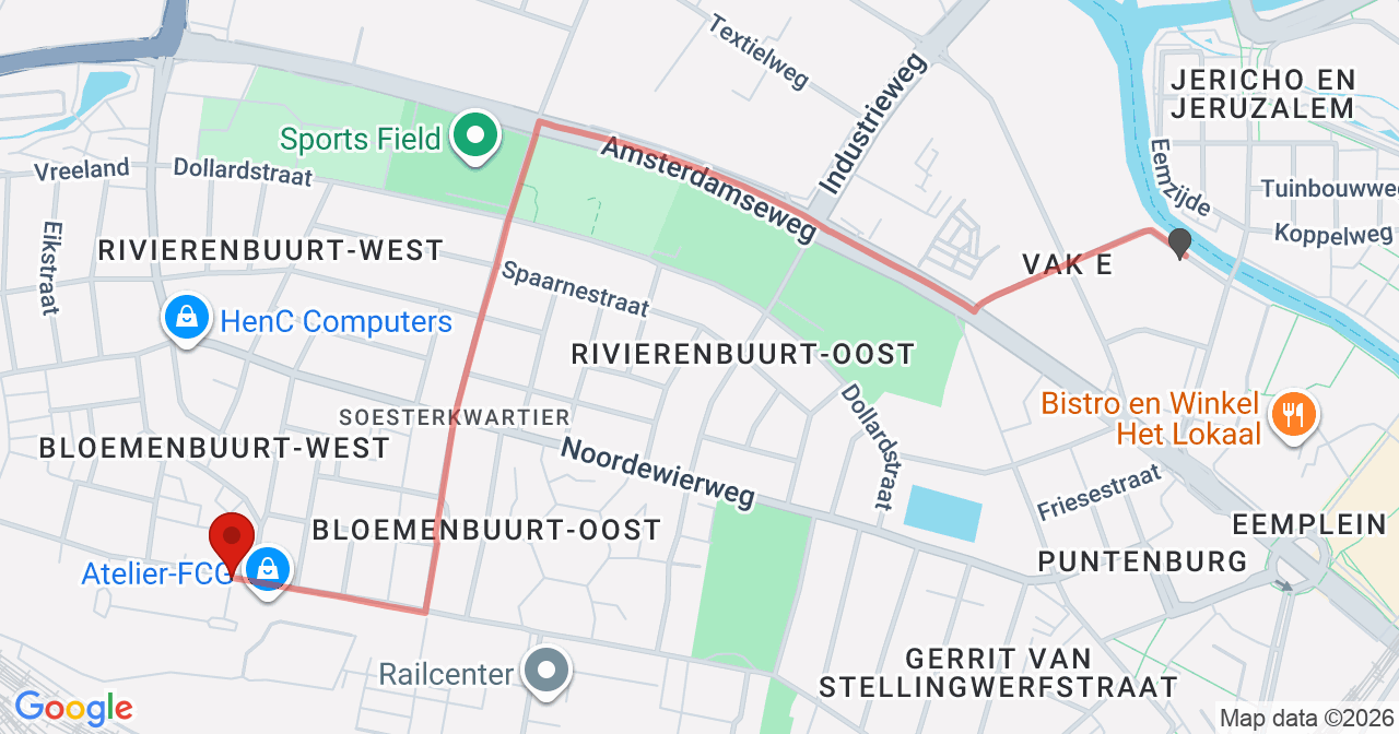Kaart van het incident in Amersfoort met de aanrijroutes van de gealarmeerde eenheden