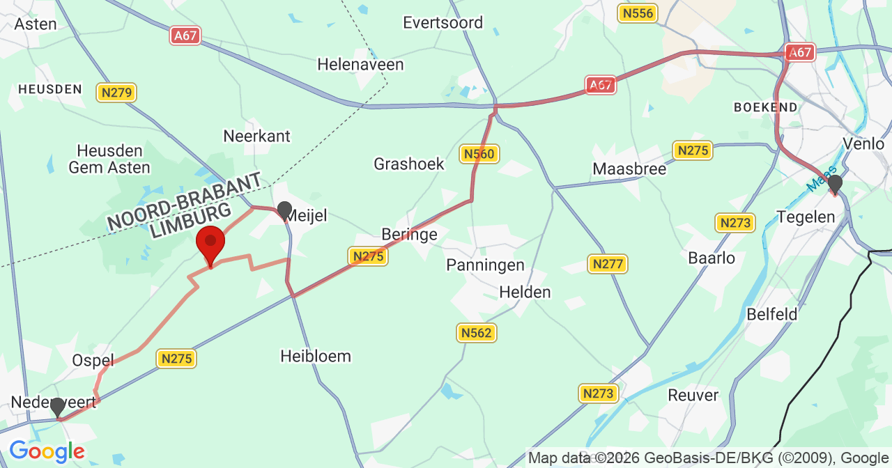 Kaart van het incident in Meijel met de aanrijroutes van de gealarmeerde eenheden