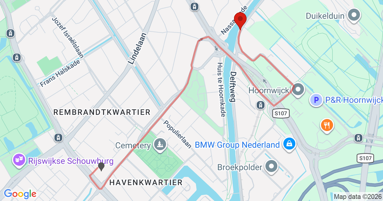 Kaart van het incident in Rijswijk met berekende routes vanaf gealarmeerde posten