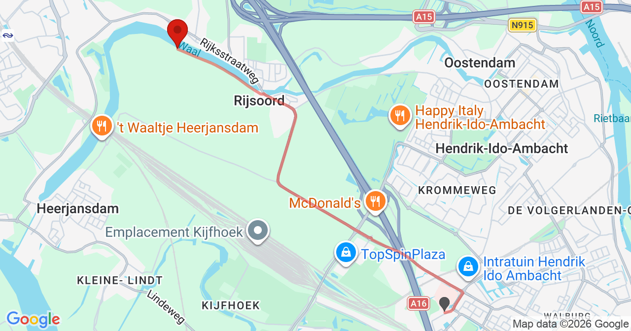 Kaart van het incident in Ridderkerk met de aanrijroutes van de gealarmeerde eenheden