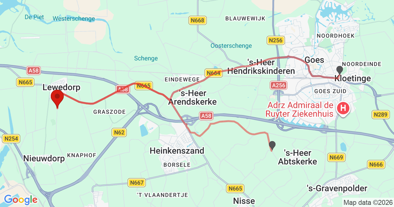Kaart van het incident in Lewedorp met de aanrijroutes van de gealarmeerde eenheden