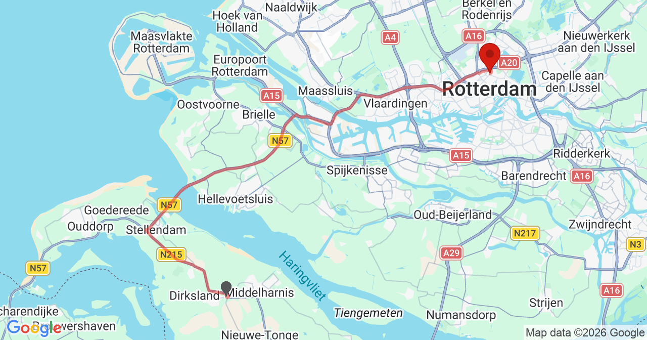 Kaart van het incident in Rotterdam met de aanrijroutes van de gealarmeerde eenheden