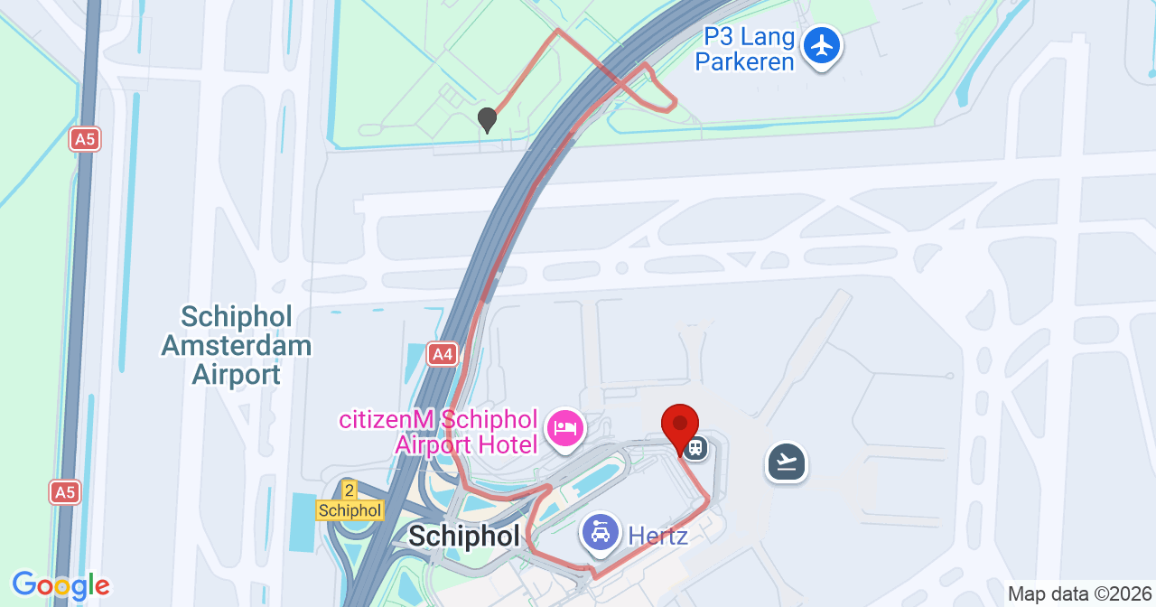 Kaart van het incident in Schiphol met berekende routes vanaf gealarmeerde posten