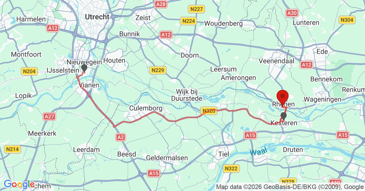 Kaart van het incident in Rhenen met de aanrijroutes van de gealarmeerde eenheden