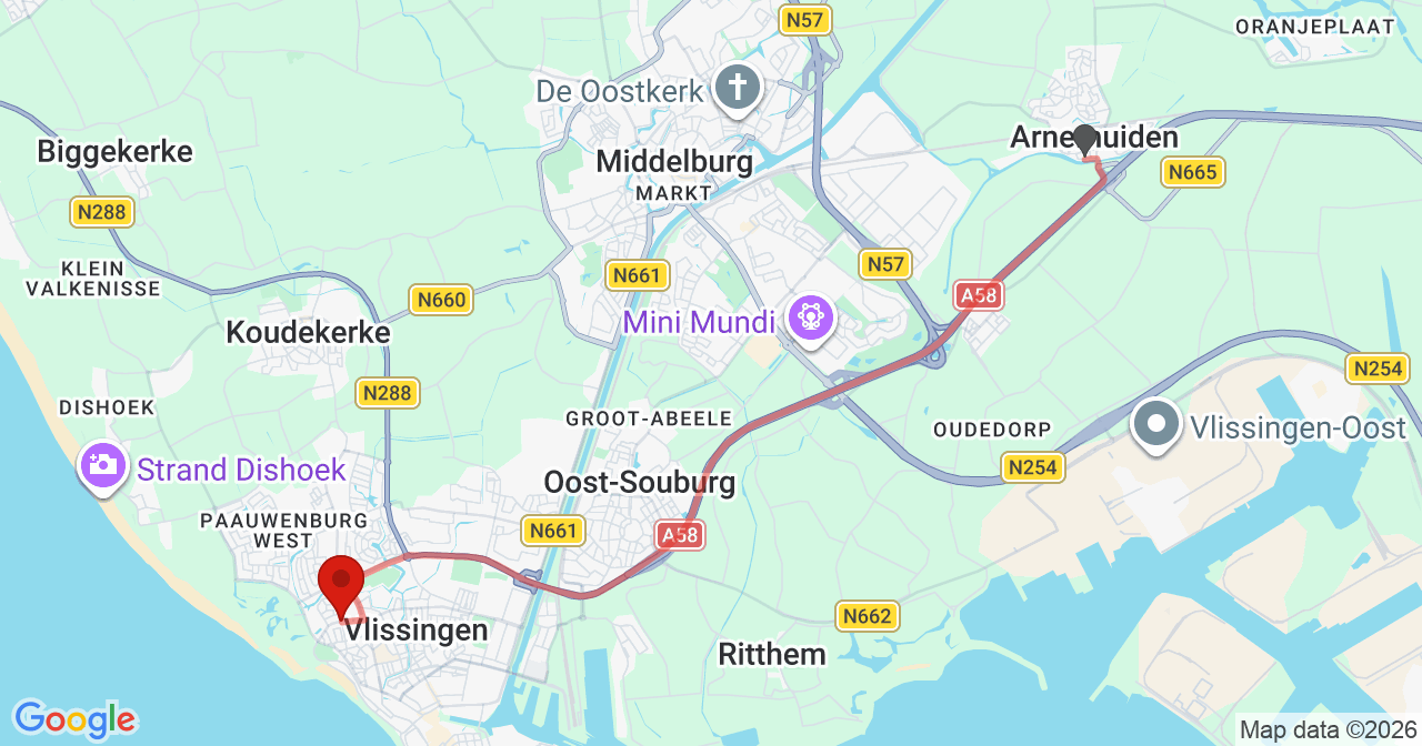 Kaart van het incident in Vlissingen met de aanrijroutes van de gealarmeerde eenheden