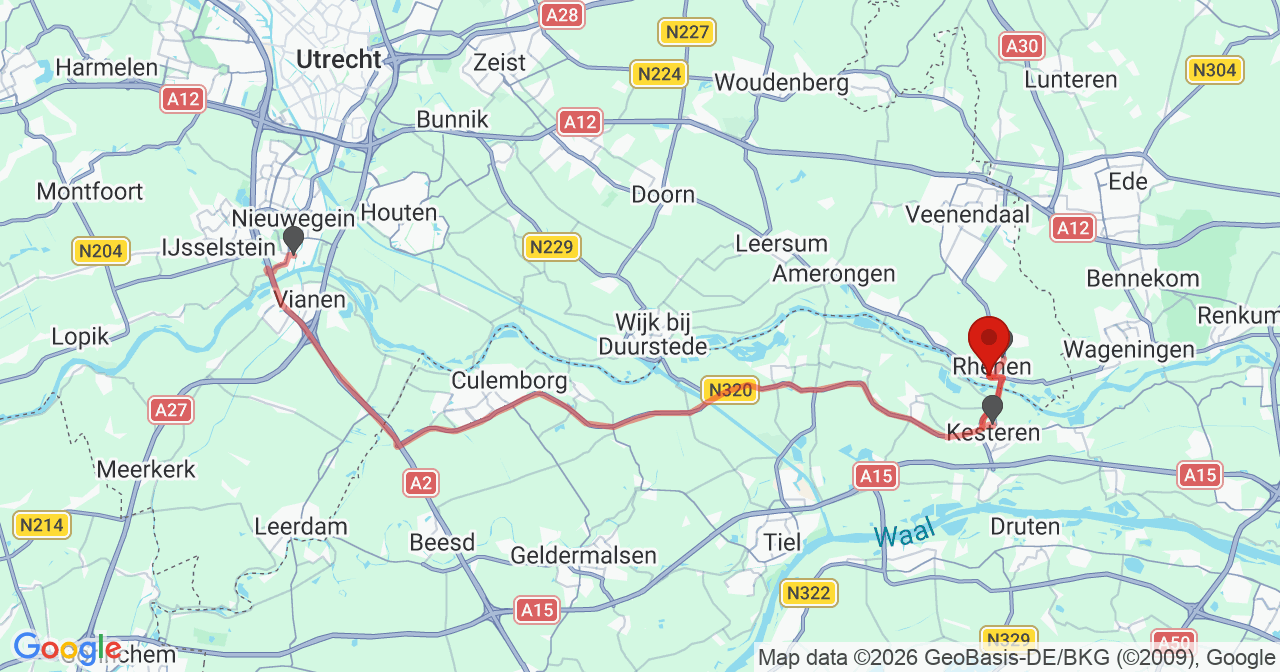Kaart van het incident in Rhenen met de aanrijroutes van de gealarmeerde eenheden
