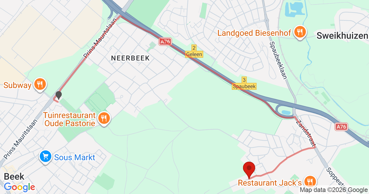 Kaart van het incident in Spaubeek met de aanrijroutes van de gealarmeerde eenheden