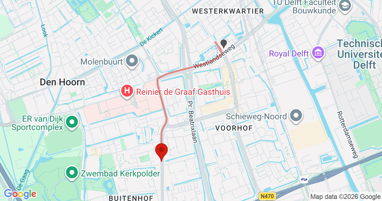 Kaart van het incident in Delft met de aanrijroutes van de gealarmeerde eenheden