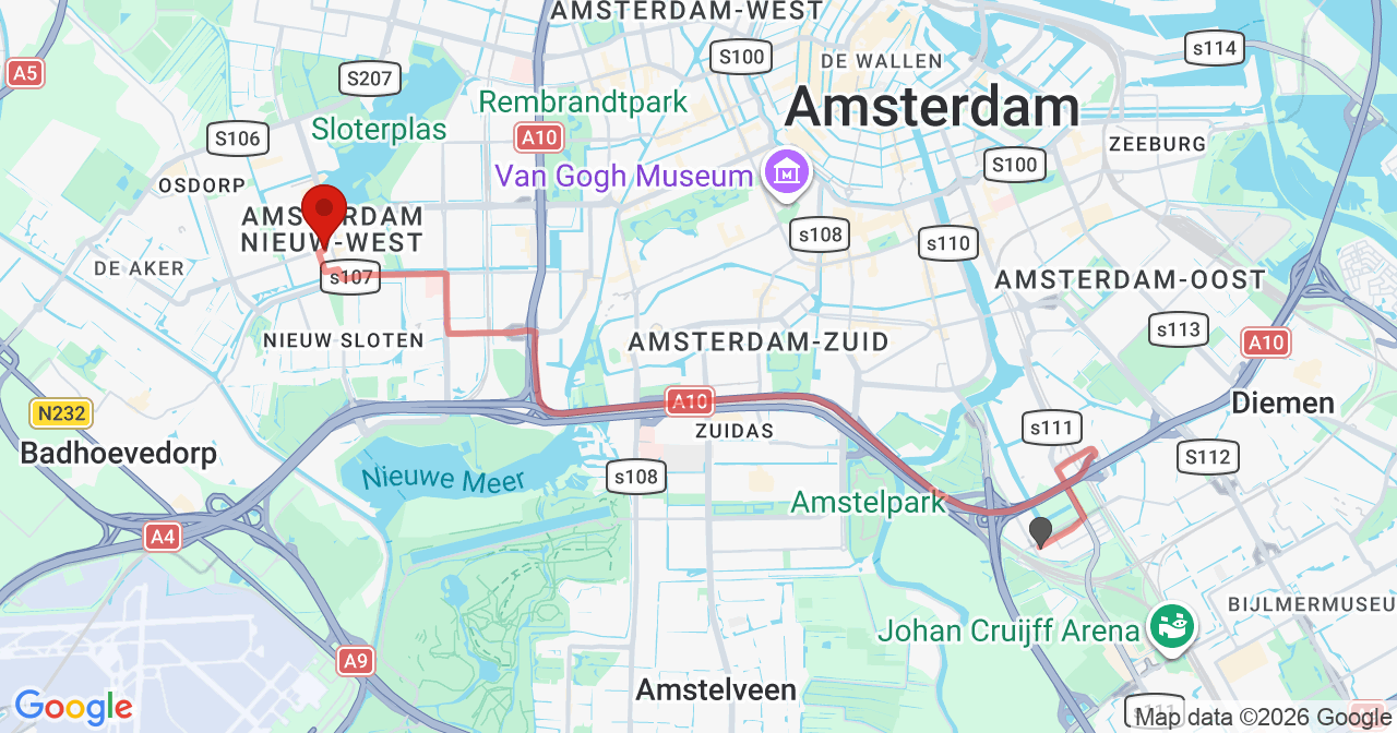 Kaart van het incident in Amsterdam met berekende routes vanaf gealarmeerde posten