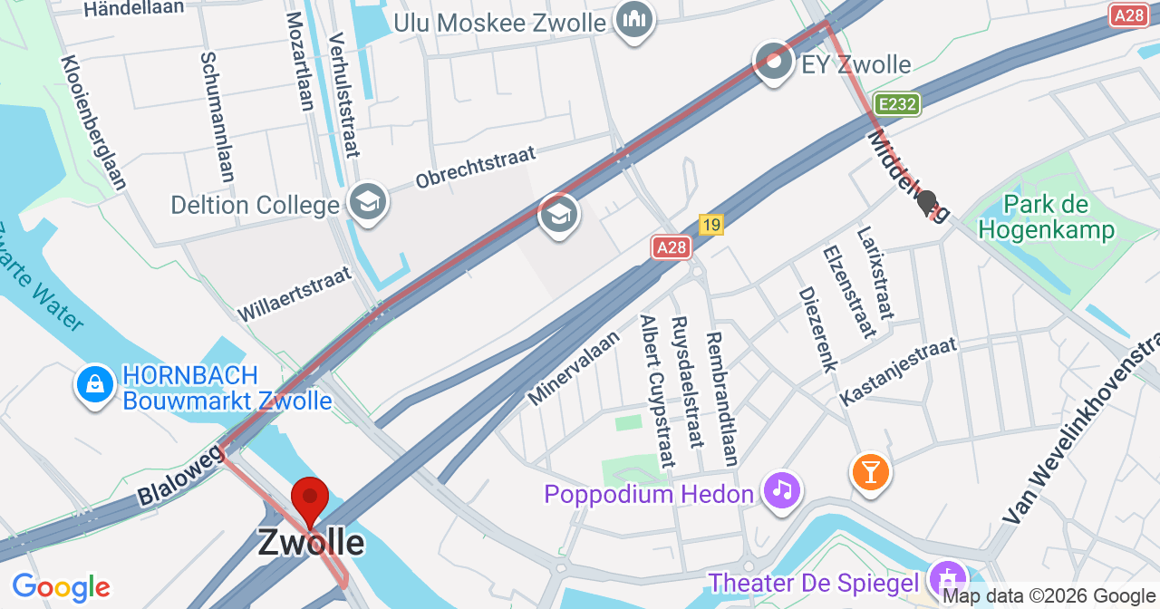 Kaart van het incident in Zwolle met de aanrijroutes van de gealarmeerde eenheden