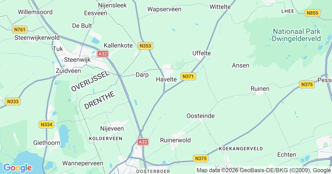 Kaart van het incident in Havelte met berekende routes vanaf gealarmeerde posten