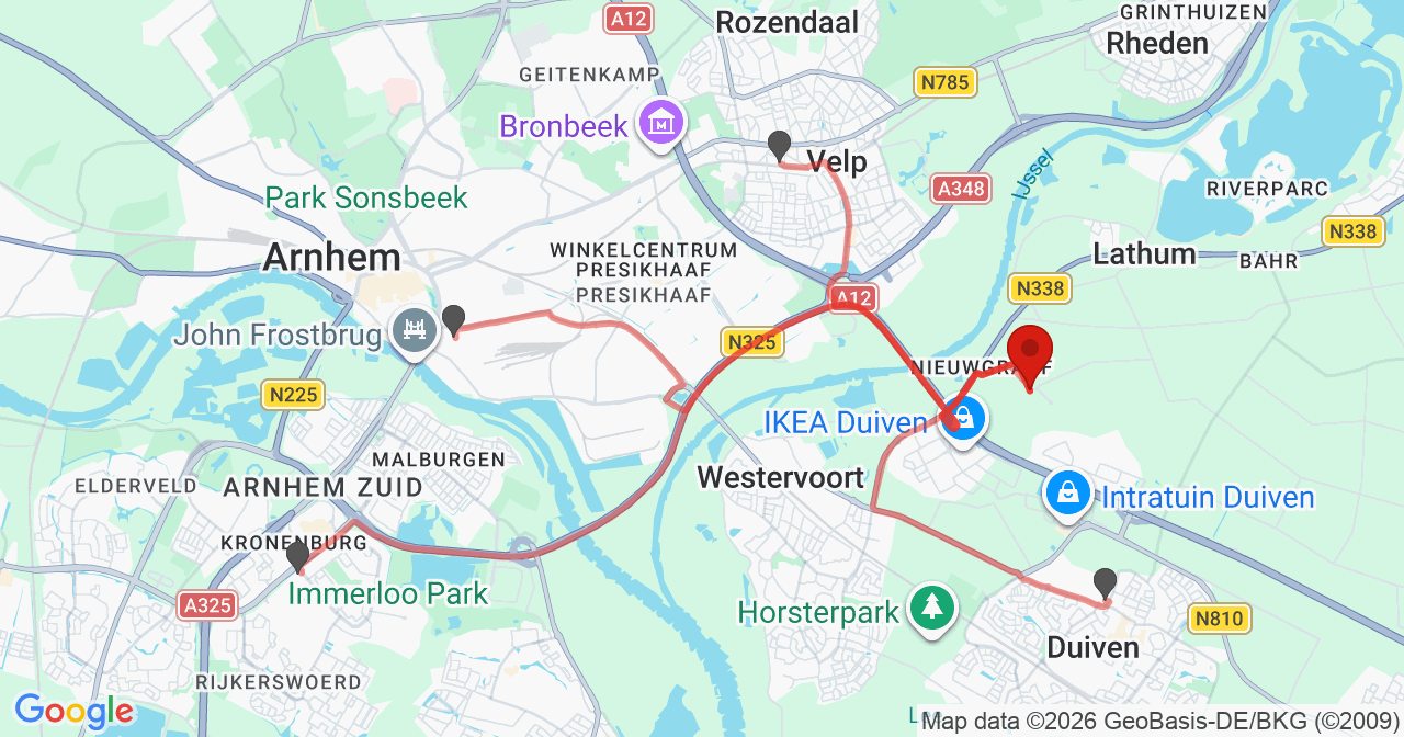 Kaart van het incident in Duiven met de aanrijroutes van de gealarmeerde eenheden