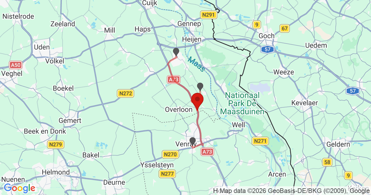 Kaart van het incident in Overloon met berekende routes vanaf gealarmeerde posten