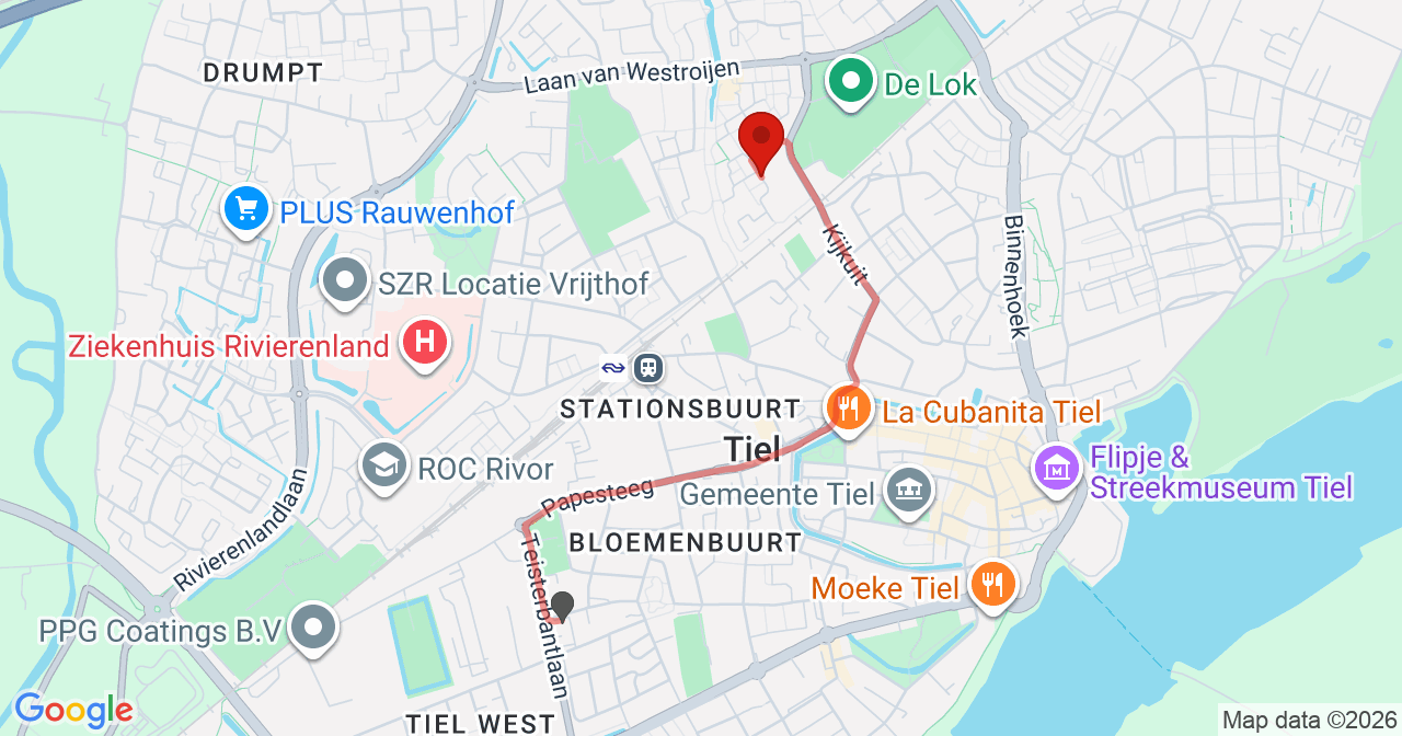 Kaart van het incident in Tiel met de aanrijroutes van de gealarmeerde eenheden