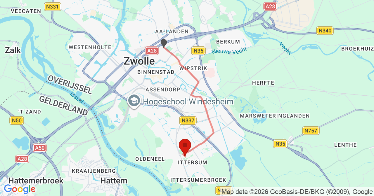 Kaart van het incident in Zwolle met berekende routes vanaf gealarmeerde posten