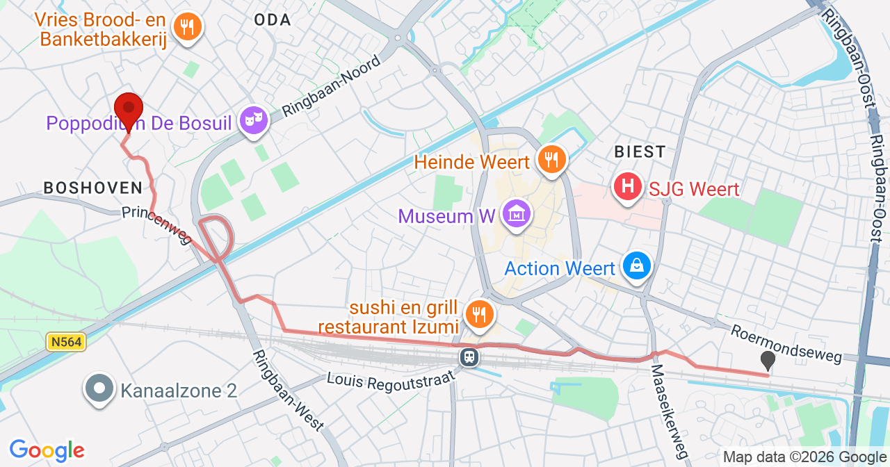 Kaart van het incident in Weert met de aanrijroutes van de gealarmeerde eenheden