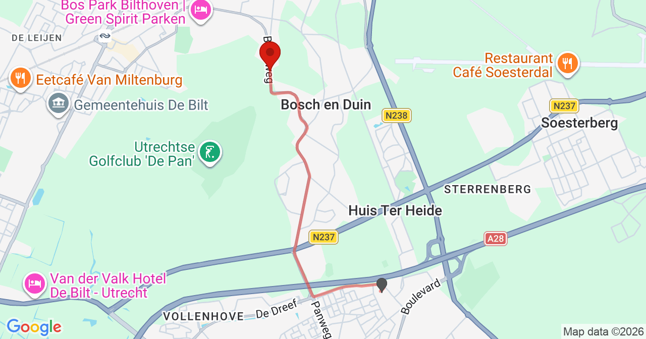 Kaart van het incident in Duin met de aanrijroutes van de gealarmeerde eenheden