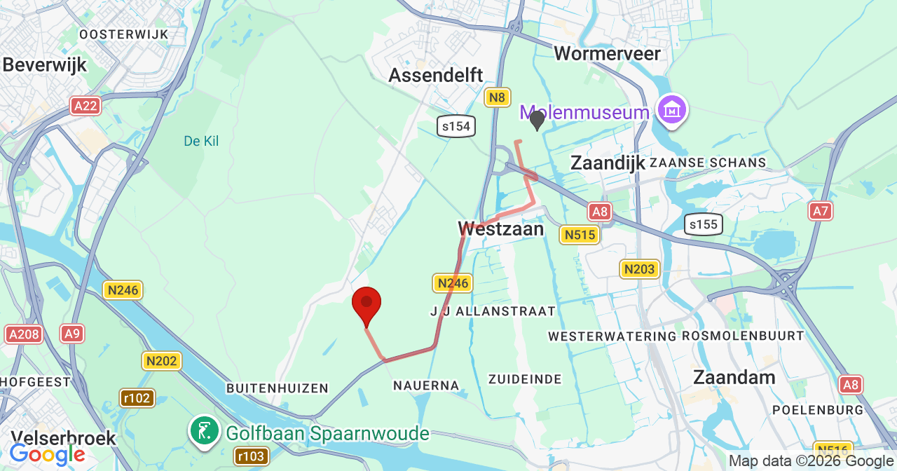 Kaart van het incident in Assendelft met de aanrijroutes van de gealarmeerde eenheden