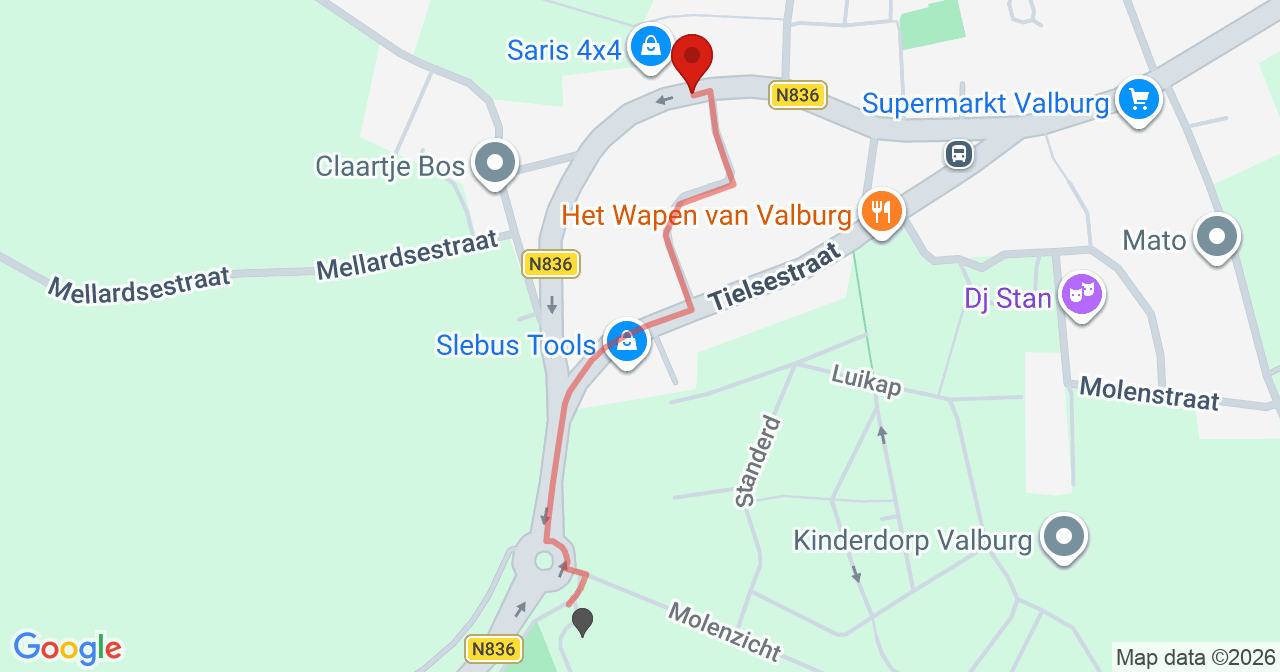 Kaart van het incident in Valburg met berekende routes vanaf gealarmeerde posten