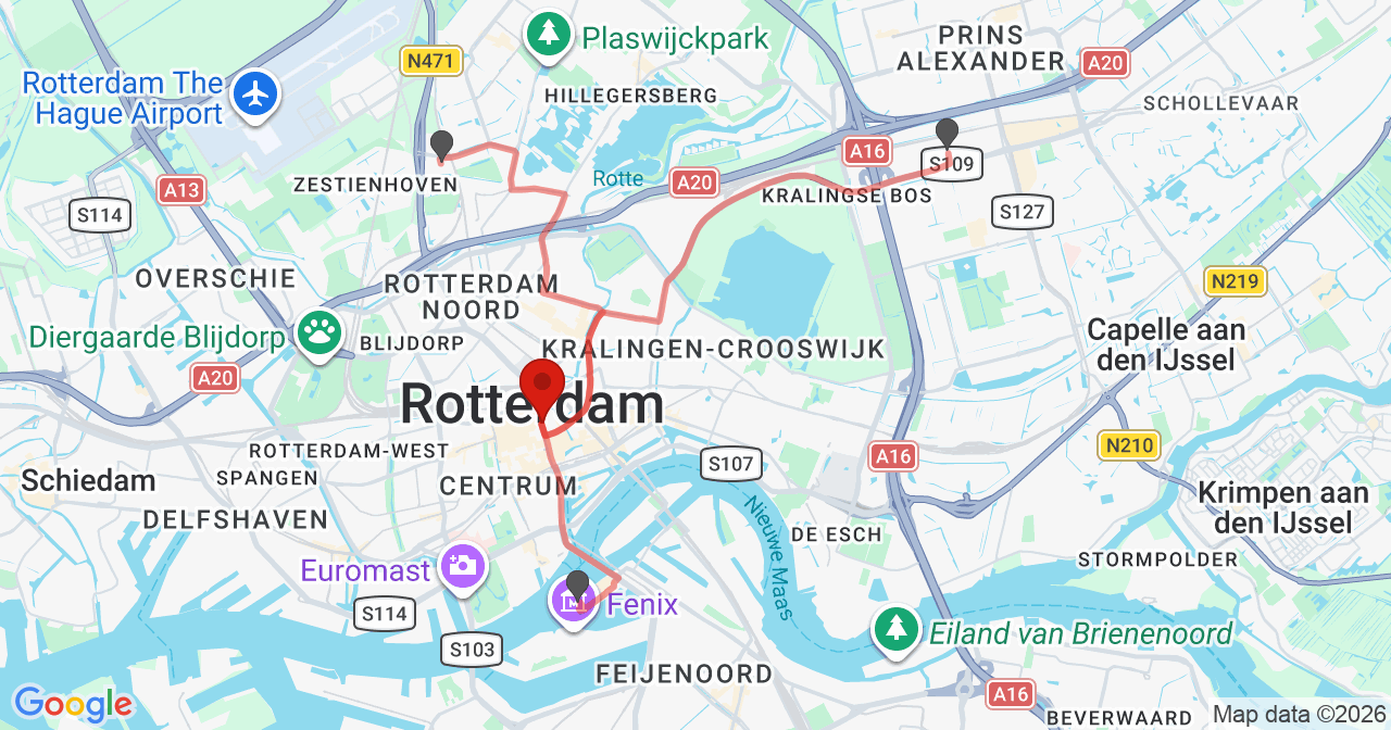 Kaart van het incident in Rotterdam met de aanrijroutes van de gealarmeerde eenheden