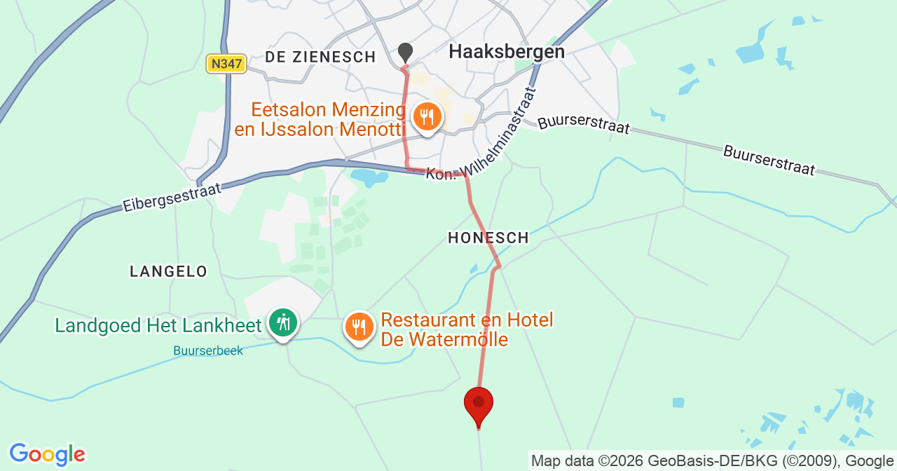 Kaart van het incident in Haaksbergen met de aanrijroutes van de gealarmeerde eenheden