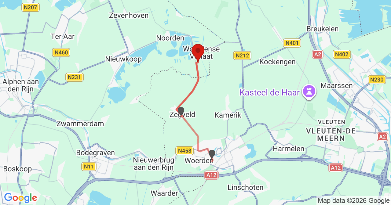 Kaart van het incident in Woerdense Verlaat met berekende routes vanaf gealarmeerde posten