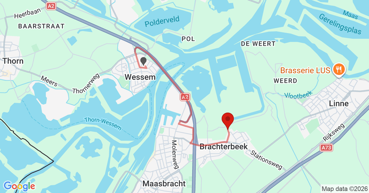 Kaart van het incident in Maasbracht met de aanrijroutes van de gealarmeerde eenheden
