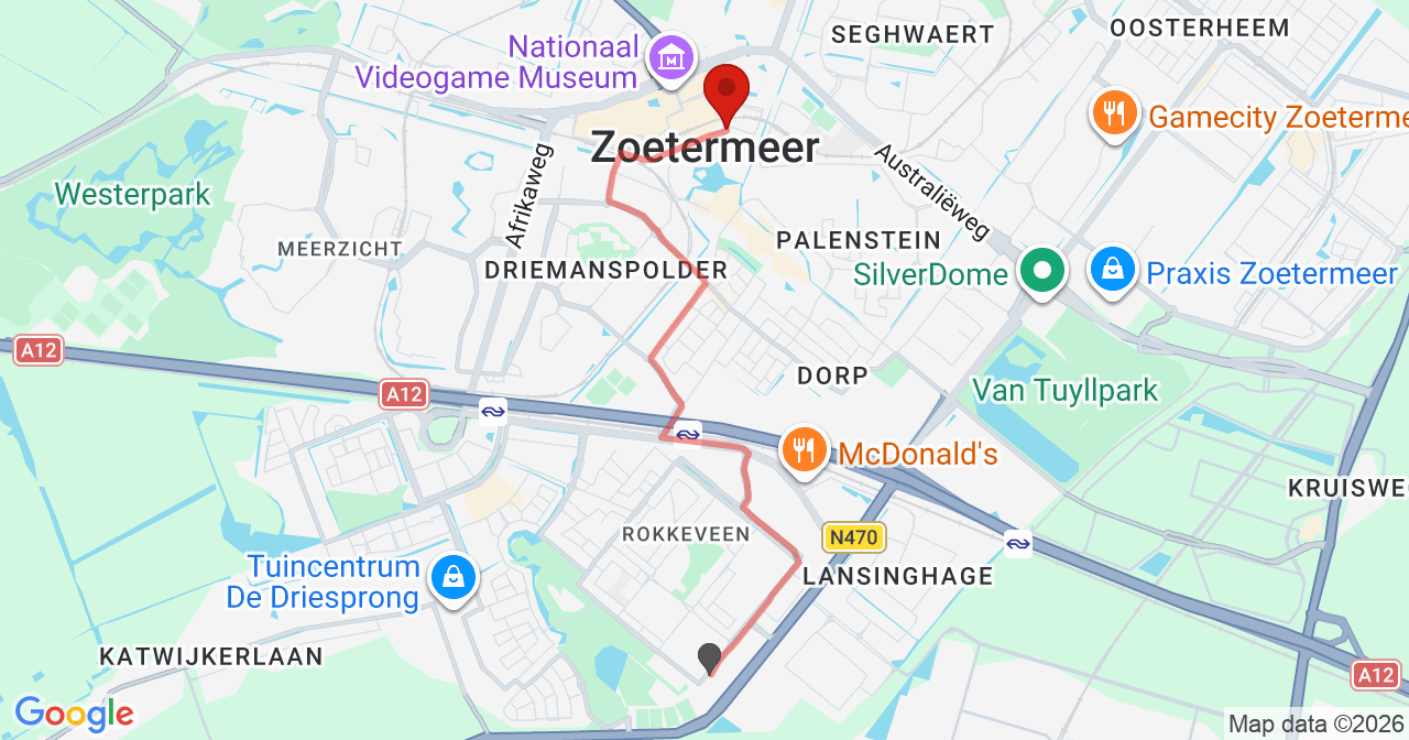 Kaart van het incident in Zoetermeer met de aanrijroutes van de gealarmeerde eenheden