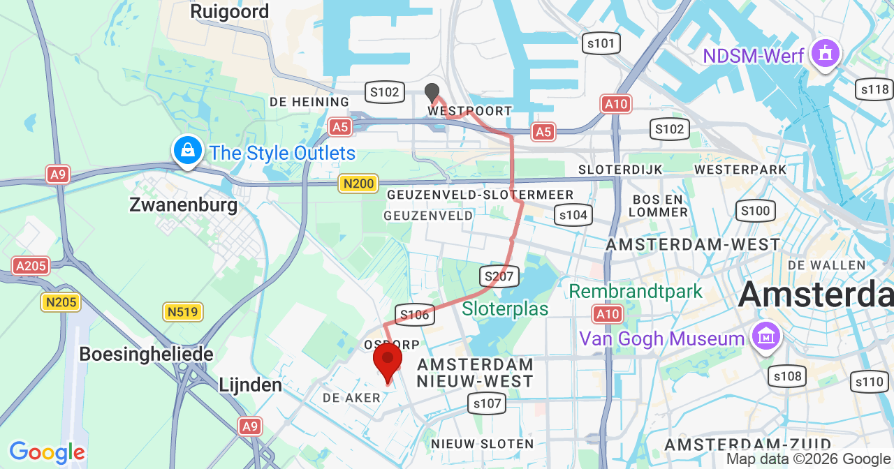 Kaart van het incident in Amsterdam met berekende routes vanaf gealarmeerde posten