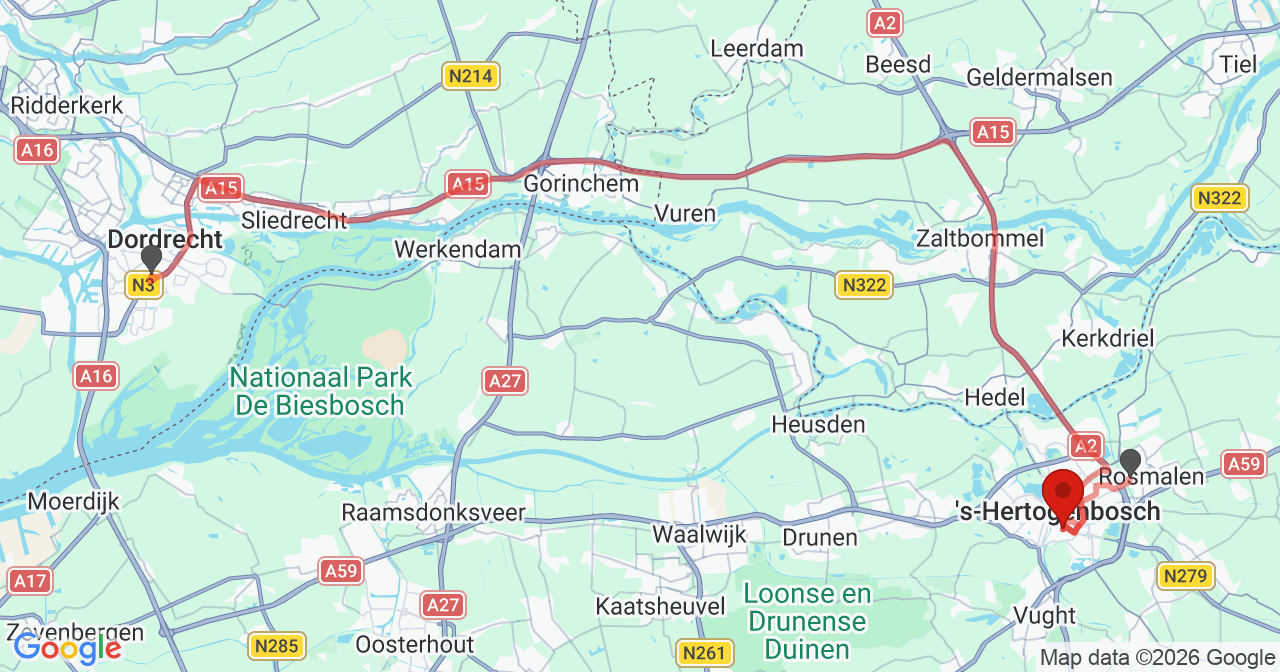 Kaart van het incident in 's-Hertogenbosch met de aanrijroutes van de gealarmeerde eenheden