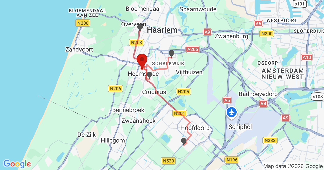 Kaart van het incident in Heemstede met de aanrijroutes van de gealarmeerde eenheden