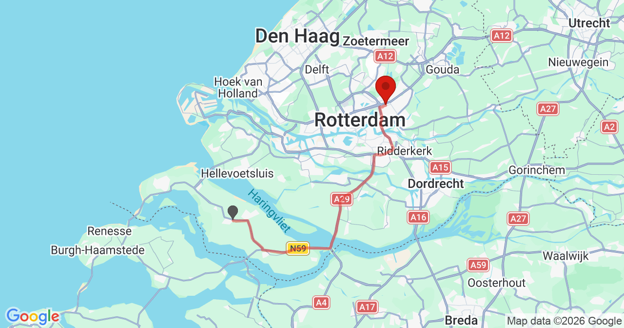 Kaart van het incident in Rotterdam met de aanrijroutes van de gealarmeerde eenheden