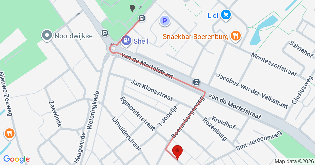 Kaart van het incident in Noordwijk met de aanrijroutes van de gealarmeerde eenheden