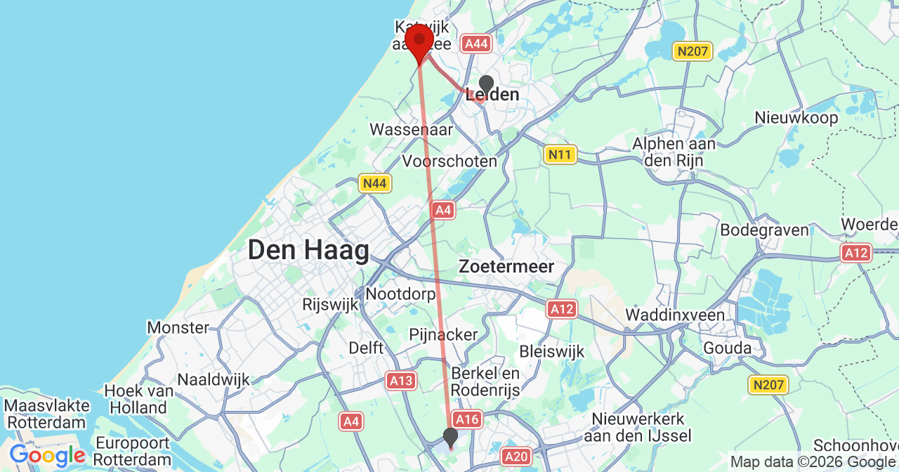 Kaart van het incident in Katwijk met de aanrijroutes van de gealarmeerde eenheden