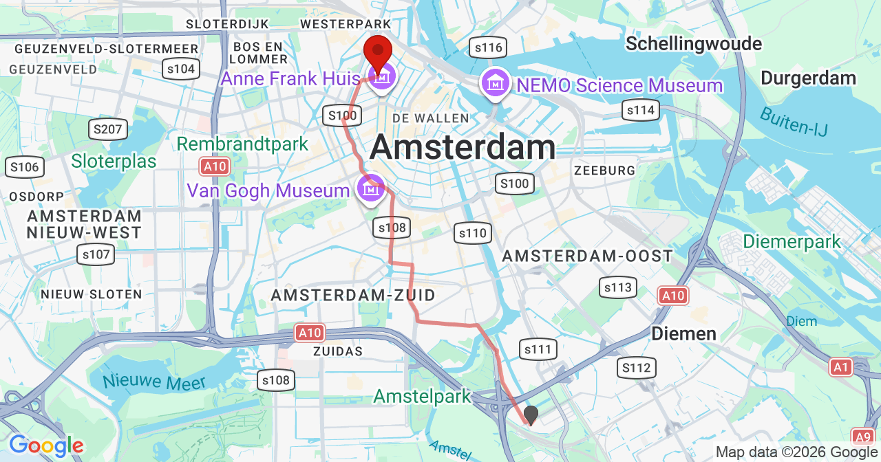 Kaart van het incident in Amsterdam met berekende routes vanaf gealarmeerde posten