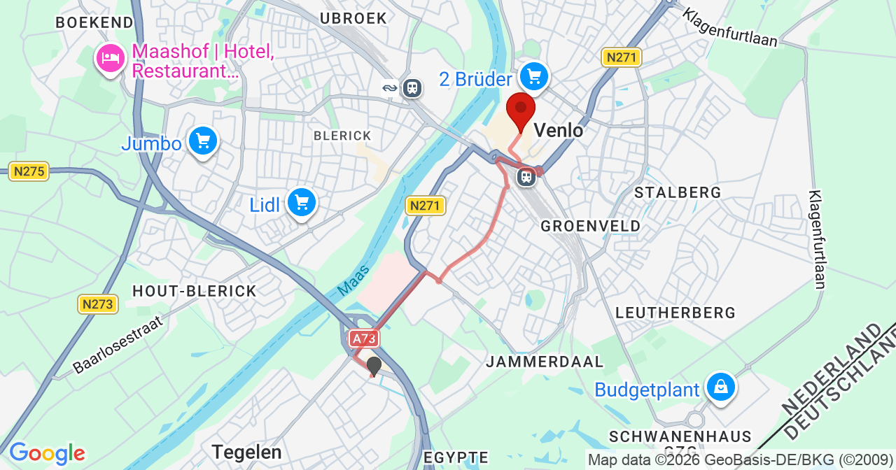 Kaart van het incident in Venlo met de aanrijroutes van de gealarmeerde eenheden