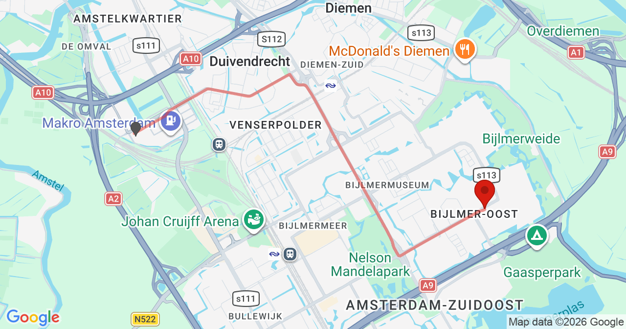 Kaart van het incident in Amsterdam met berekende routes vanaf gealarmeerde posten