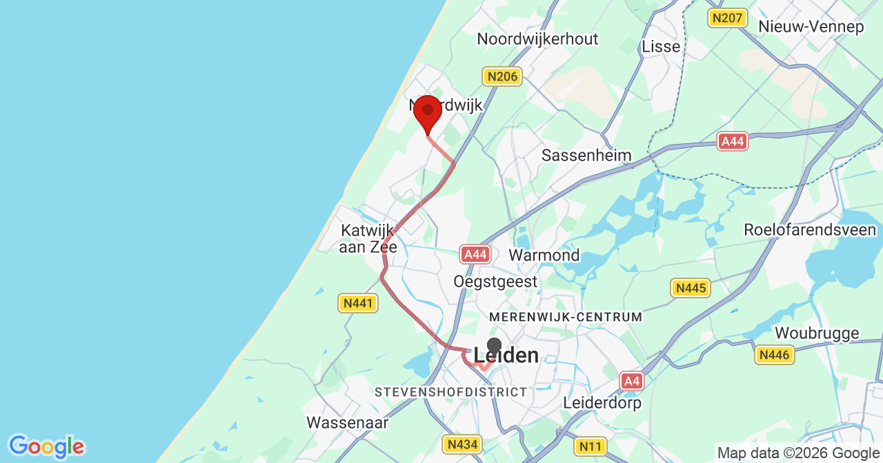 Kaart van het incident in Noordwijk met de aanrijroutes van de gealarmeerde eenheden