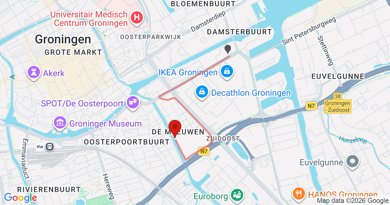 Kaart van het incident in Groningen met berekende routes vanaf gealarmeerde posten