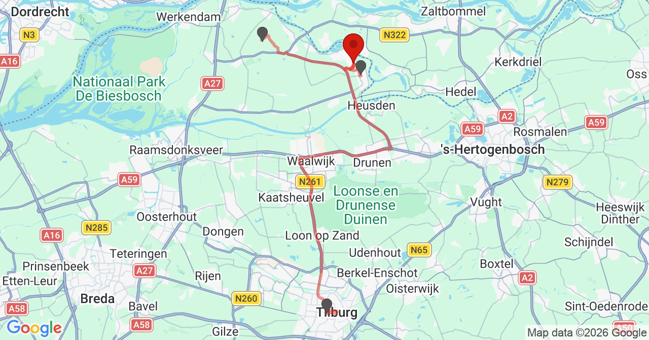 Kaart van het incident in Wijk en Aalburg met de aanrijroutes van de gealarmeerde eenheden