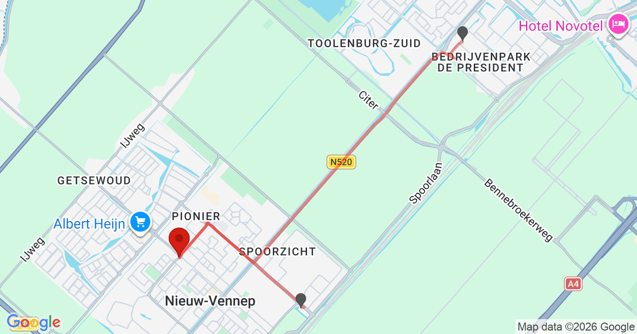 Kaart van het incident in Nieuw-Vennep met de aanrijroutes van de gealarmeerde eenheden