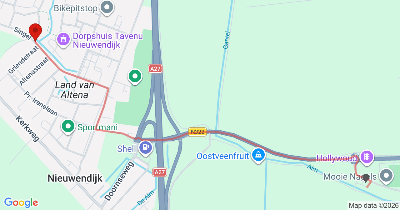 Kaart van het incident in Nieuwendijk met berekende routes vanaf gealarmeerde posten