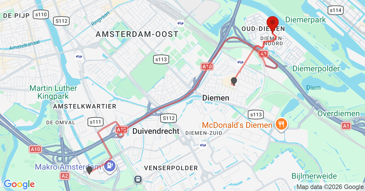 Kaart van het incident in Diemen met berekende routes vanaf gealarmeerde posten