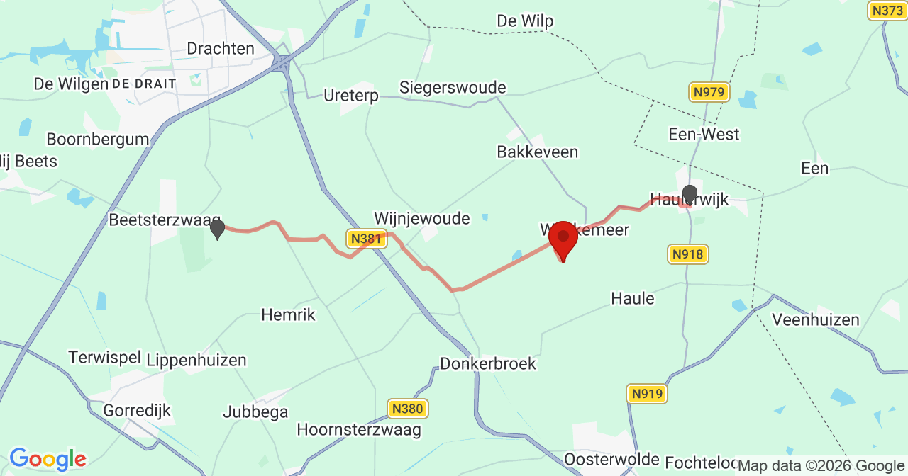 Kaart van het incident in Waskemeer met de aanrijroutes van de gealarmeerde eenheden